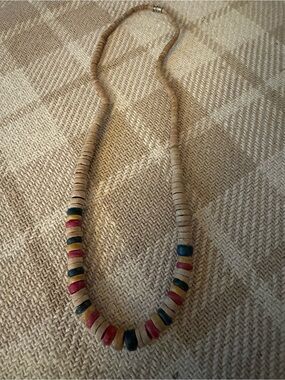 Neutral Bead Necklace with Red, Blue, and Yellow Accents